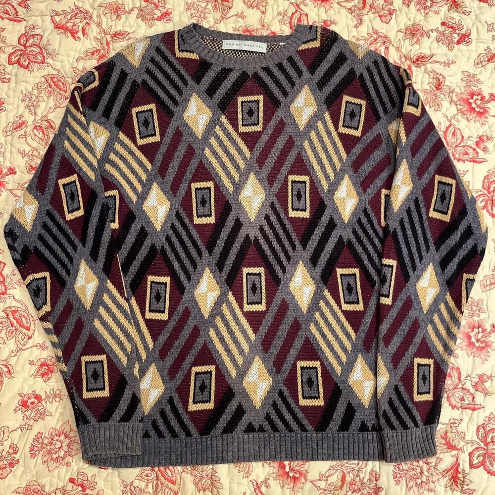 Vintage 90sDiamond Burgundy Black Grey And Cream Kurt Cobain sweater
